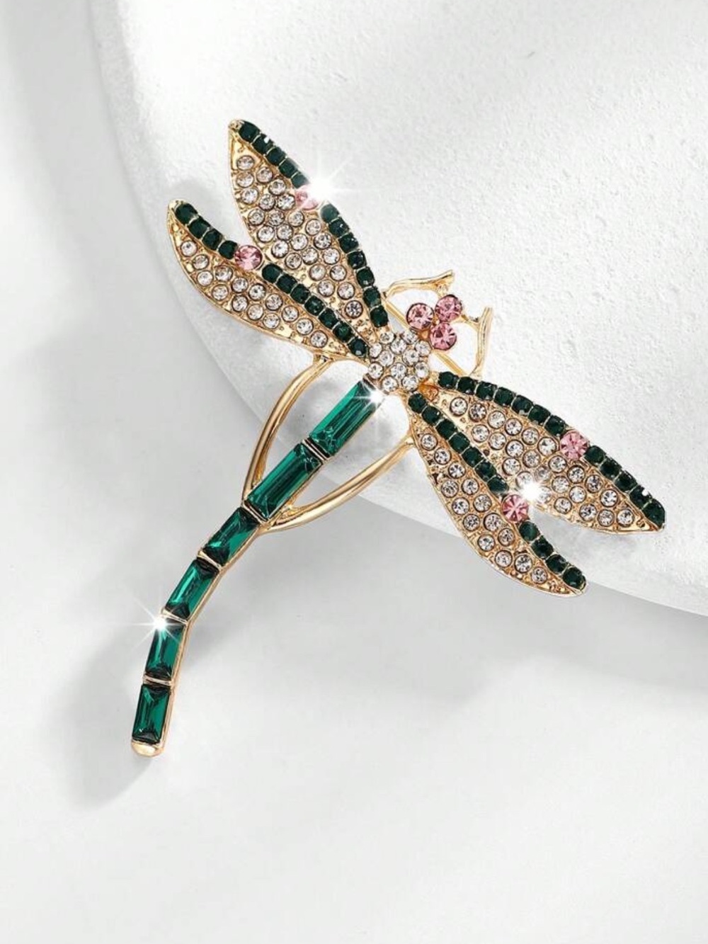 Green and Pink Crystal Dragonfly Brooch